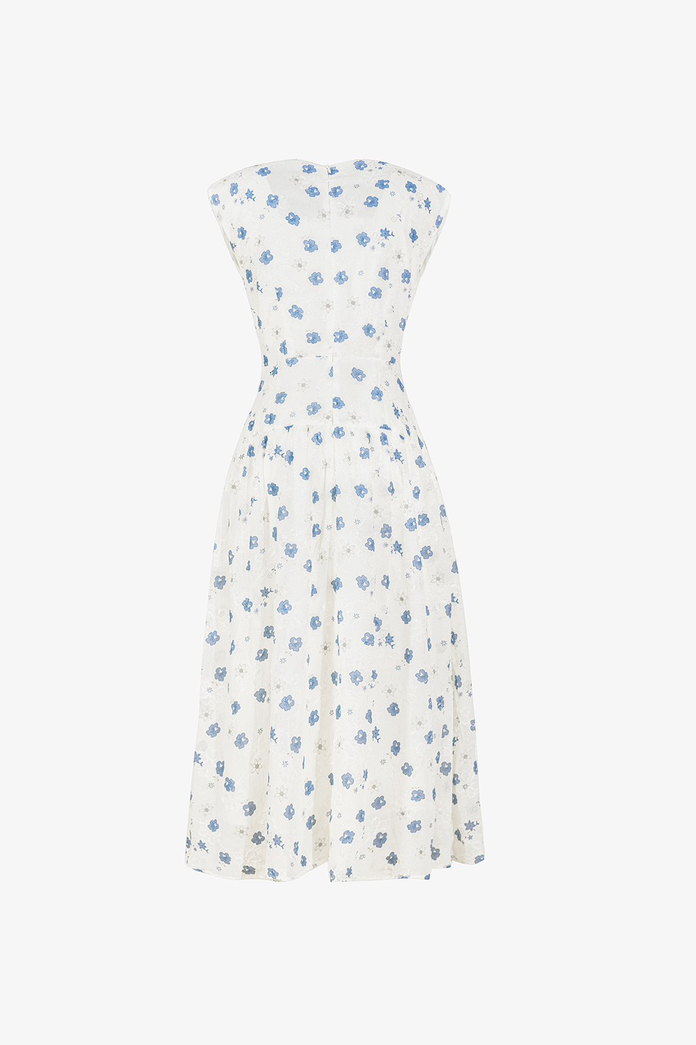 Đầm xòe hoa xanh sát nách cổ V