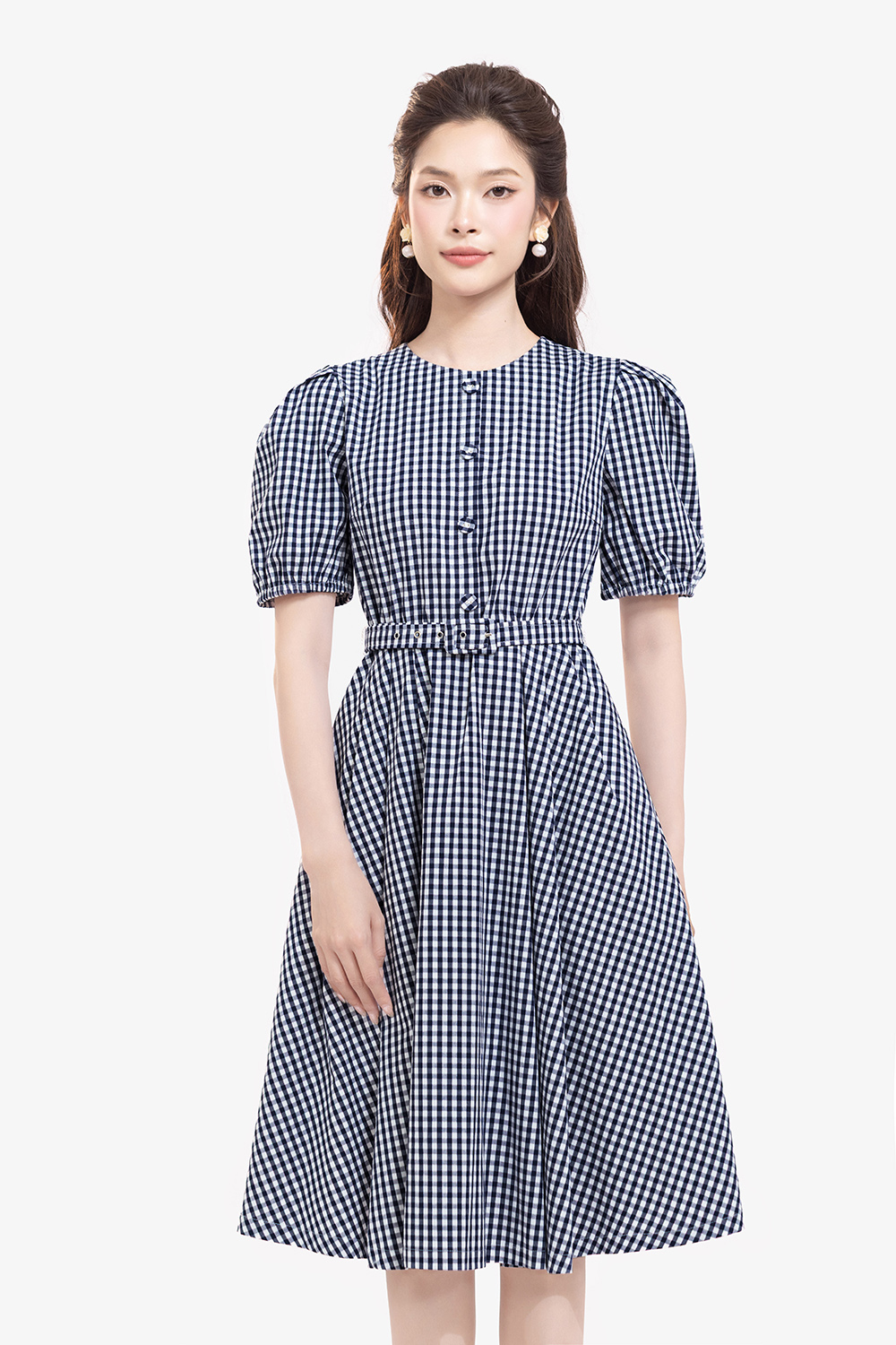 Đầm caro dáng xòe kèm thắt lưng