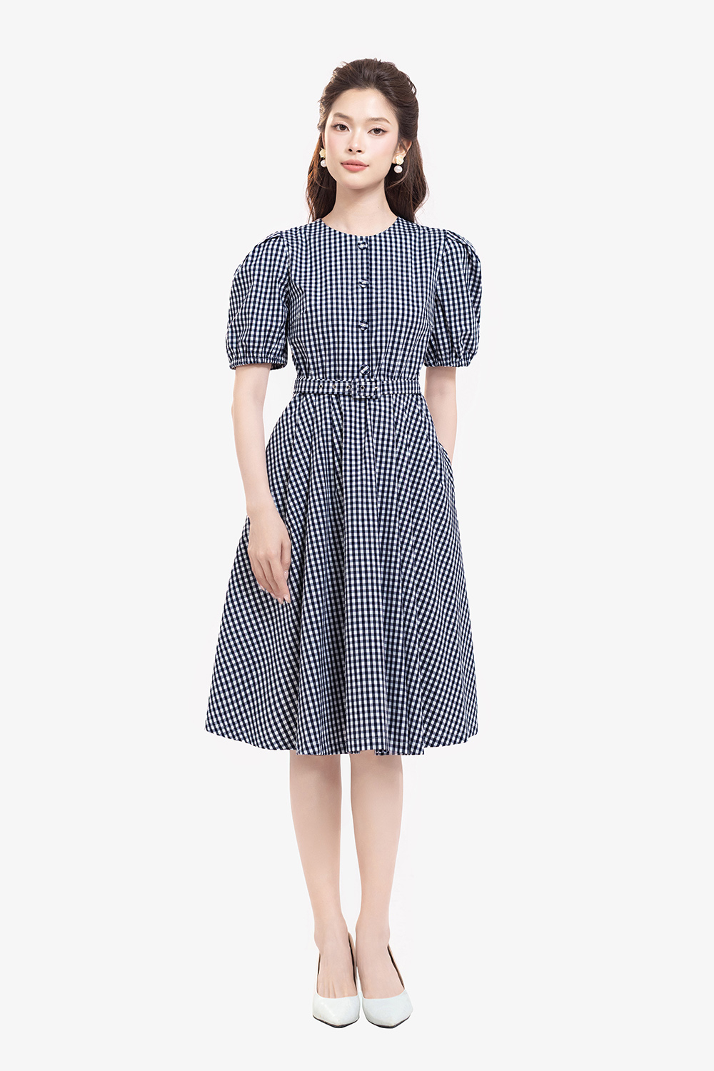 Đầm caro dáng xòe kèm thắt lưng