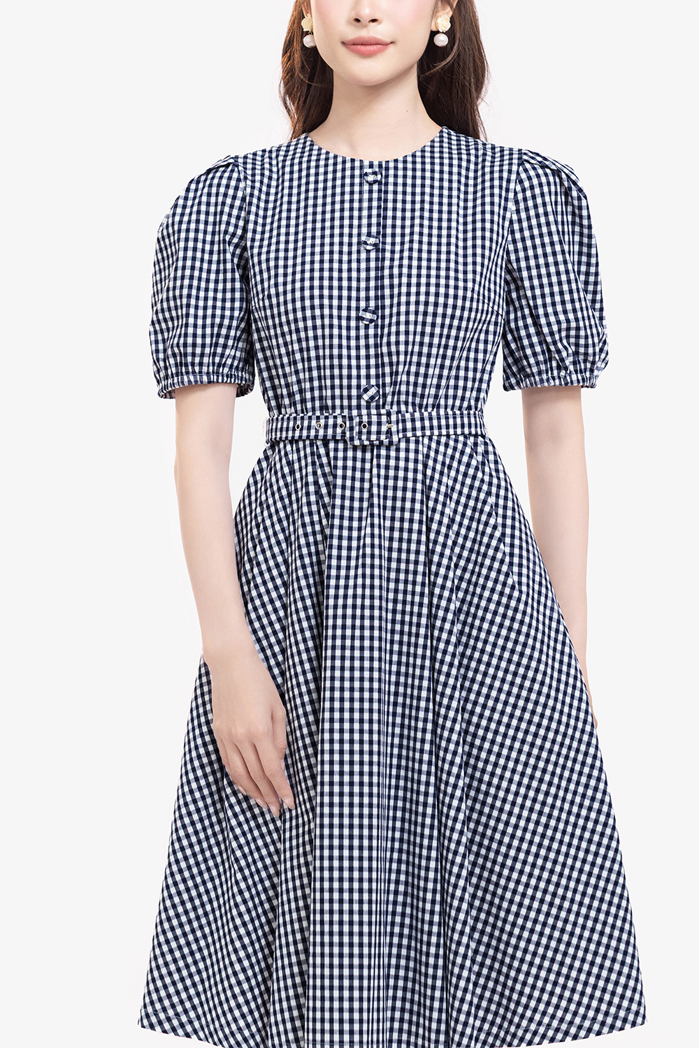 Đầm caro dáng xòe kèm thắt lưng