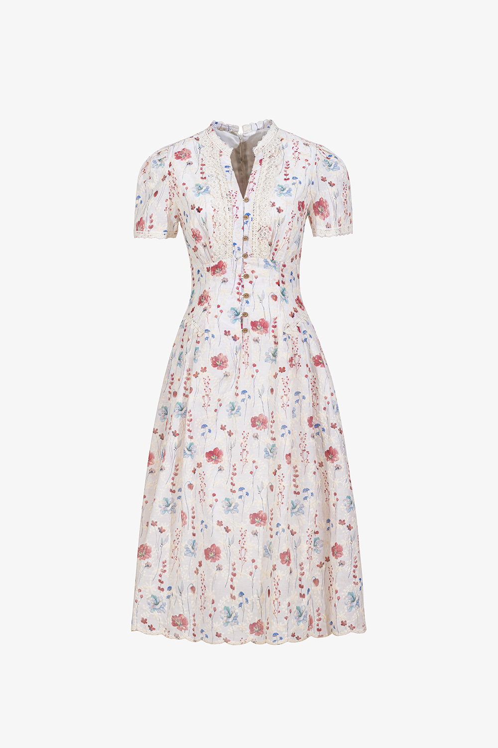 Đầm xòe họa tiết hoa phối ren dọc cổ