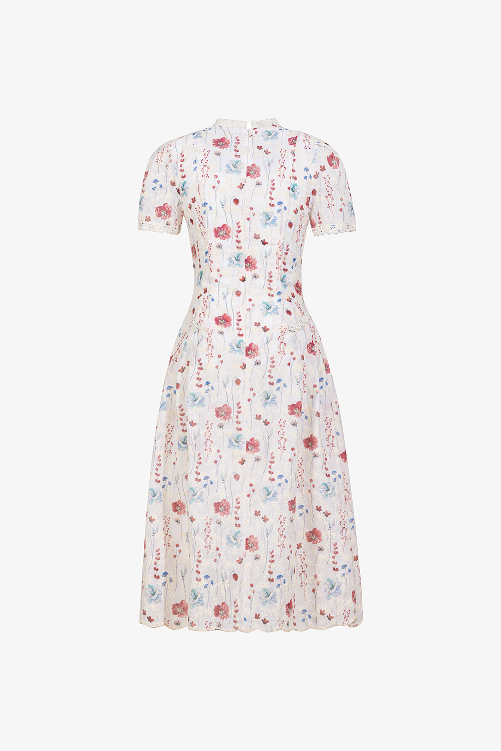 Đầm xòe họa tiết hoa phối ren dọc cổ