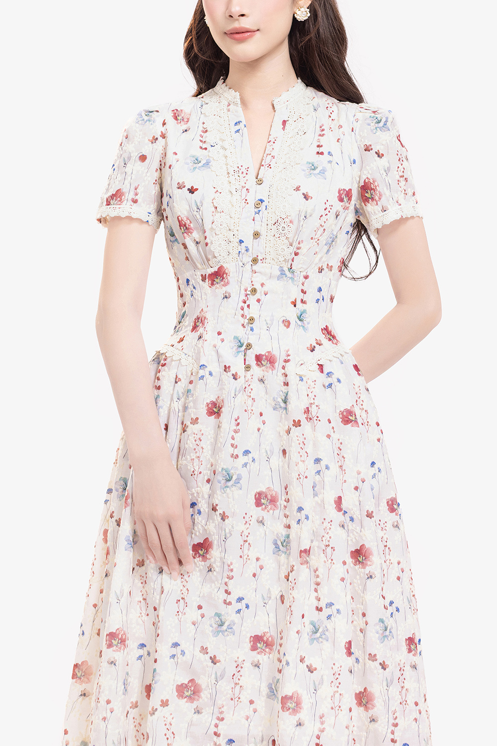 Đầm xòe họa tiết hoa phối ren dọc cổ