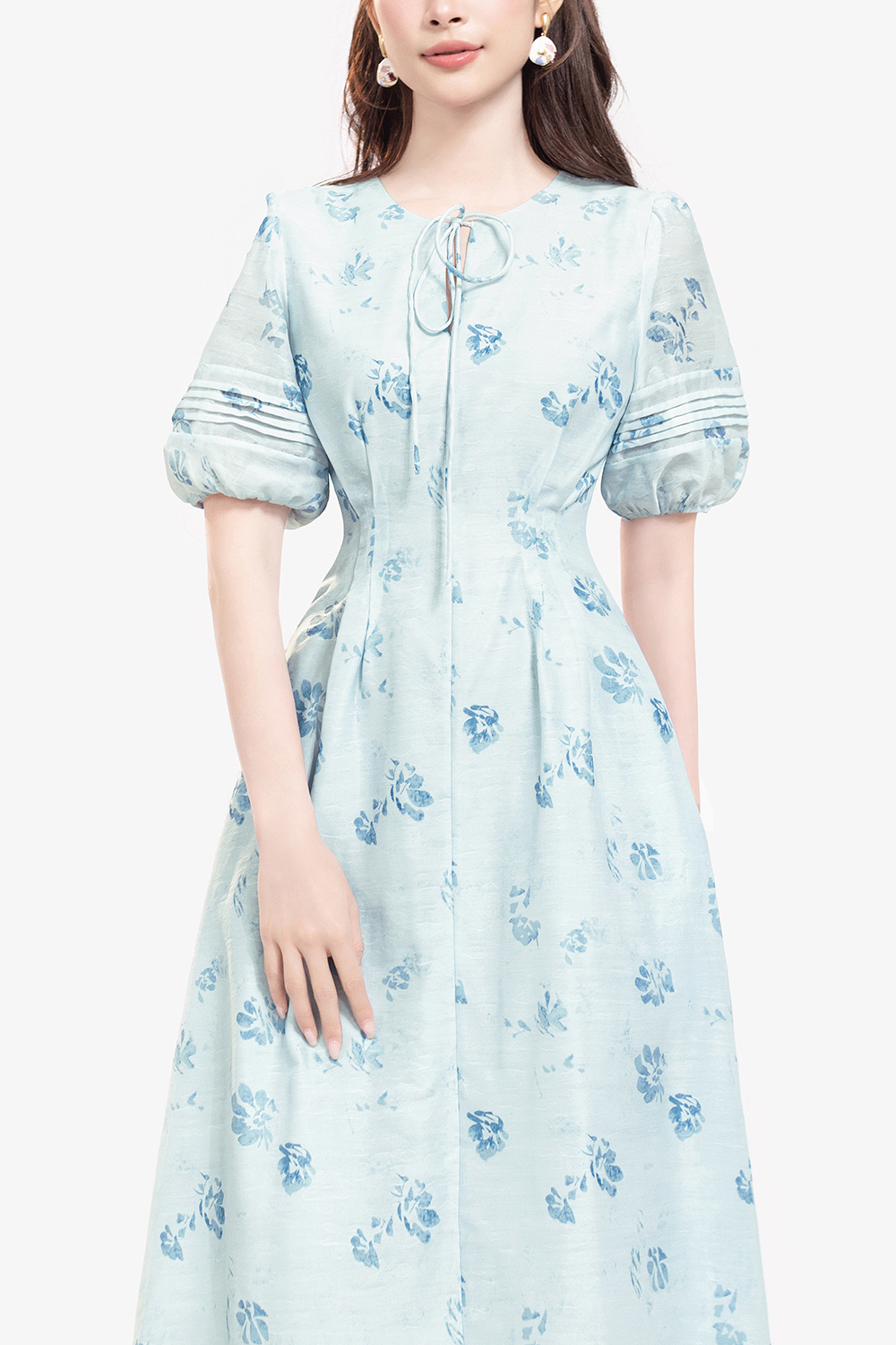 Đầm chữ A họa tiết hoa xanh tay phồng