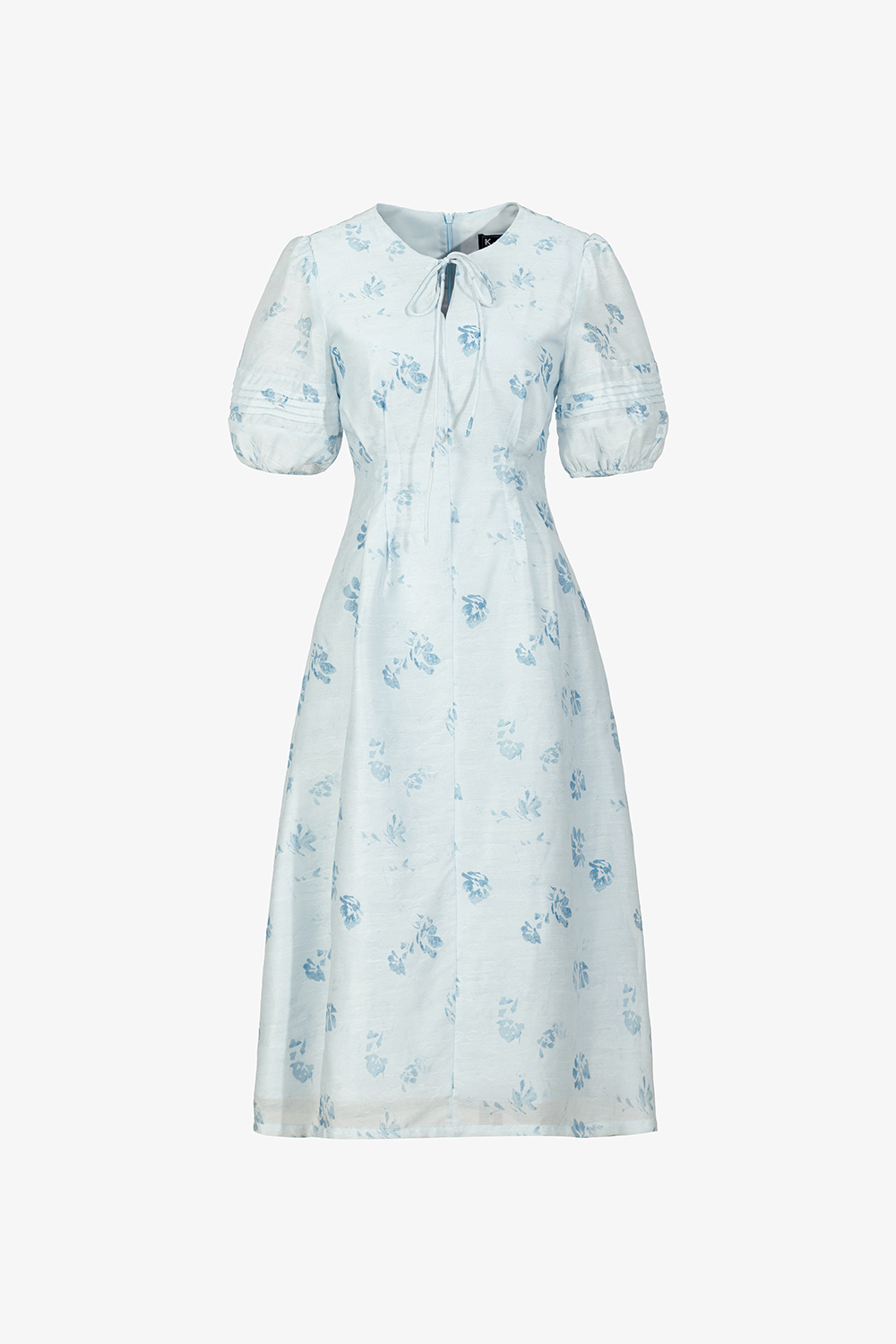 Đầm chữ A họa tiết hoa xanh tay phồng