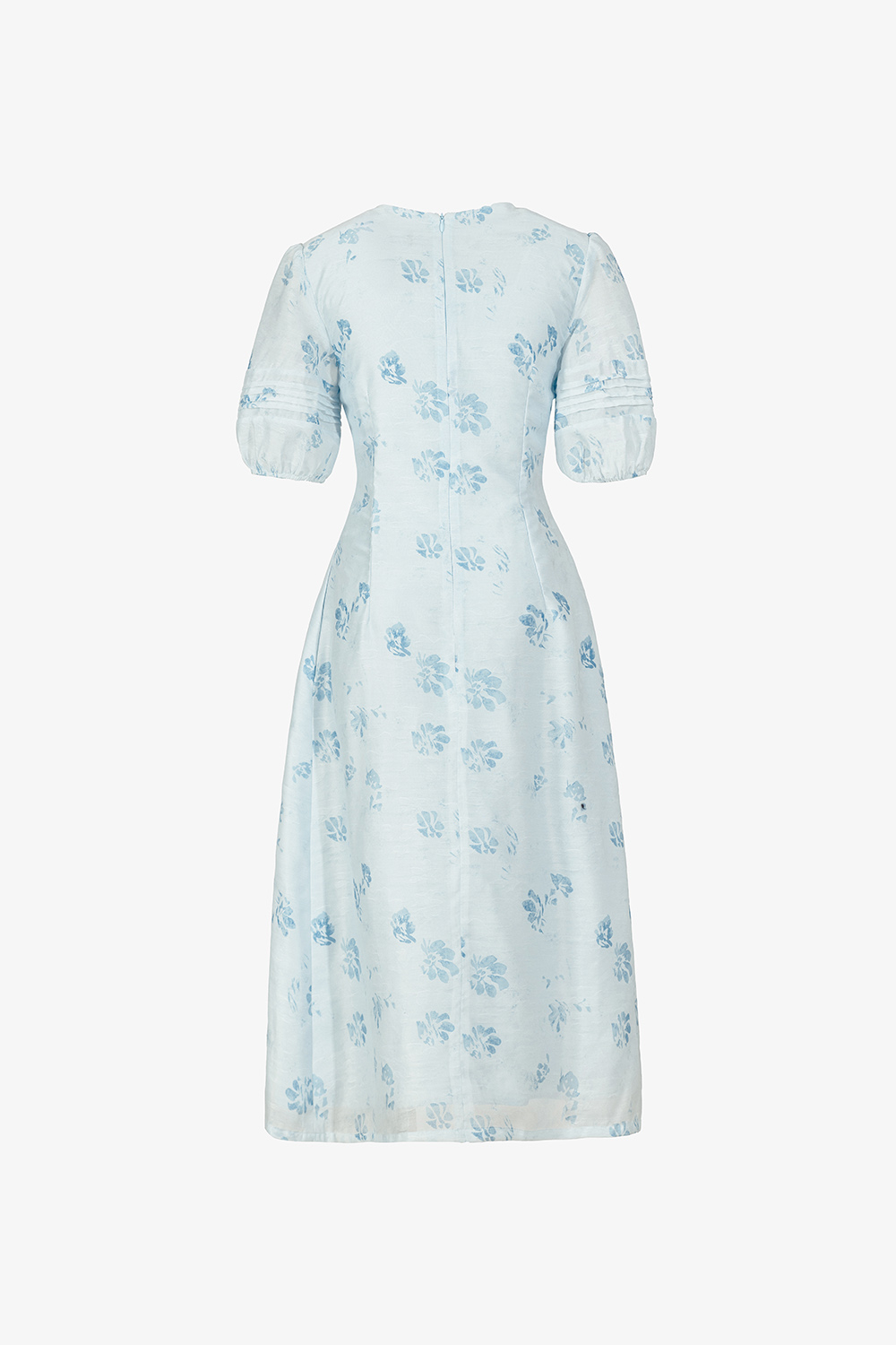 Đầm chữ A họa tiết hoa xanh tay phồng