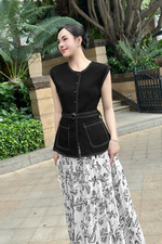 Áo đen peplum viền chỉ phối thắt lưng