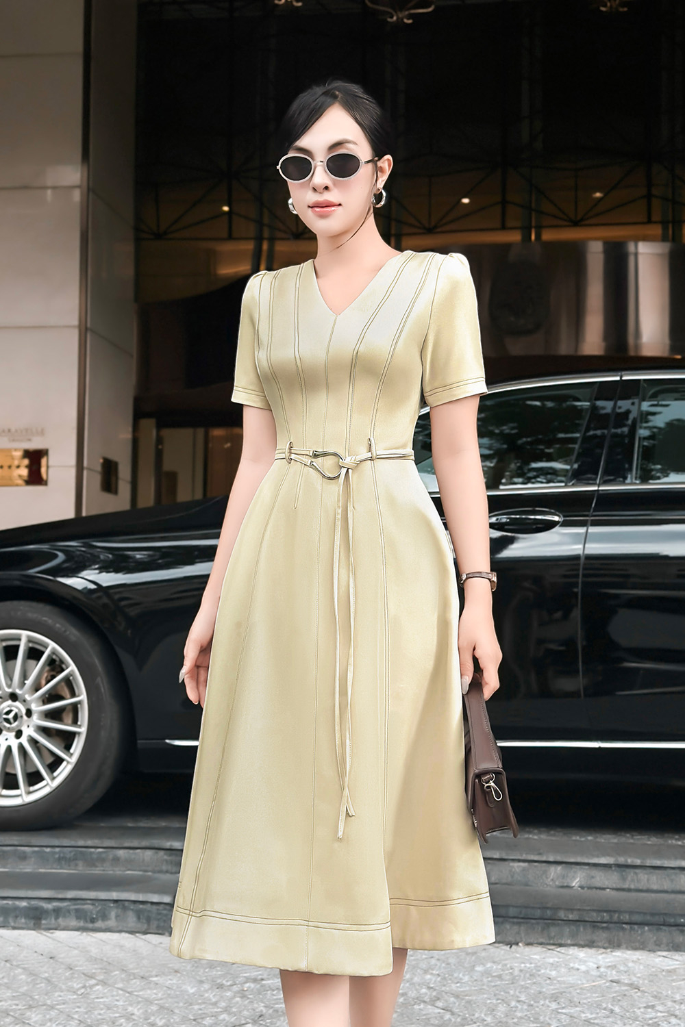 Đầm liền công sở dáng dài kèm đai eo KK175-16