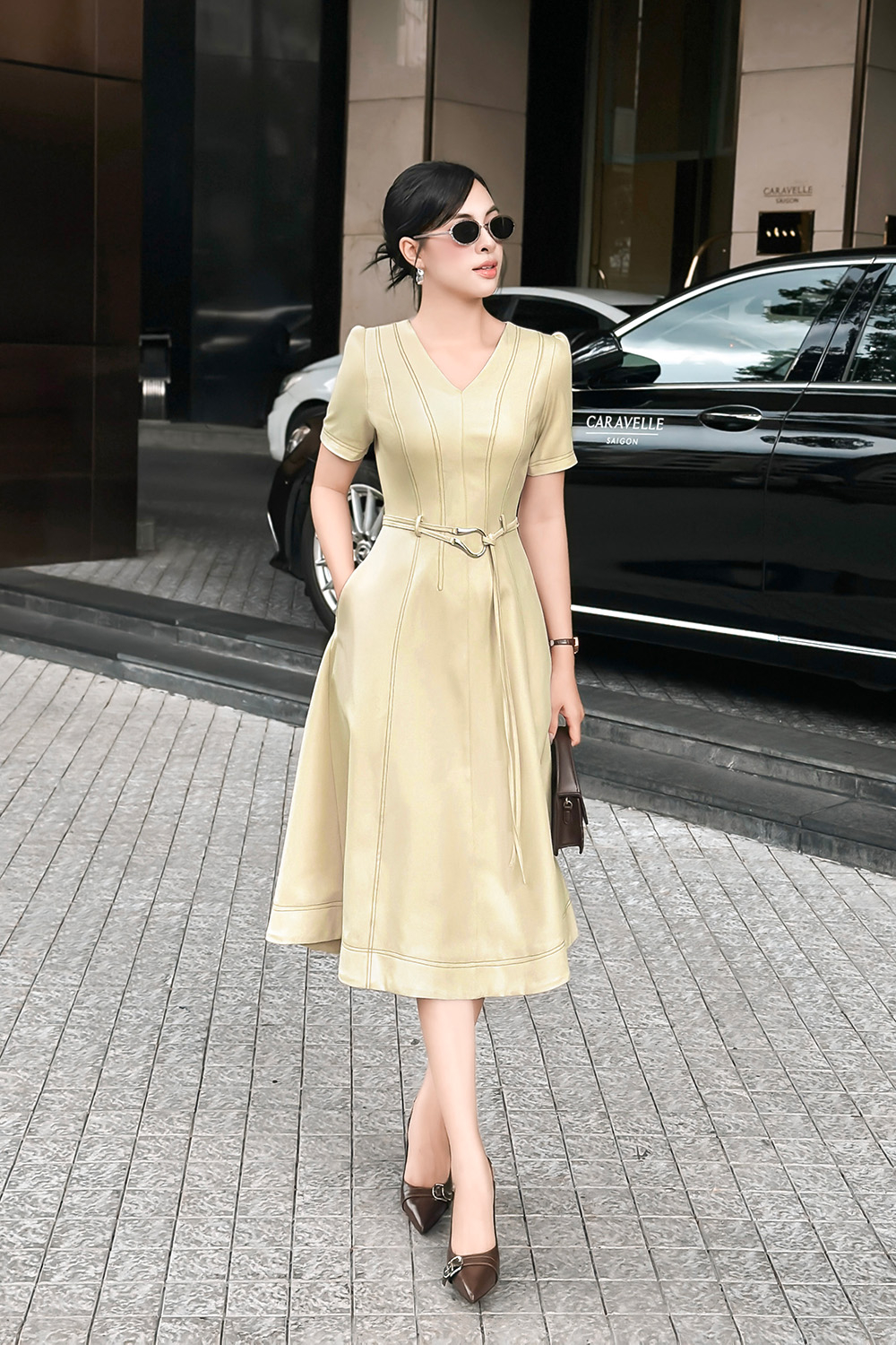 Đầm liền công sở dáng dài kèm đai eo