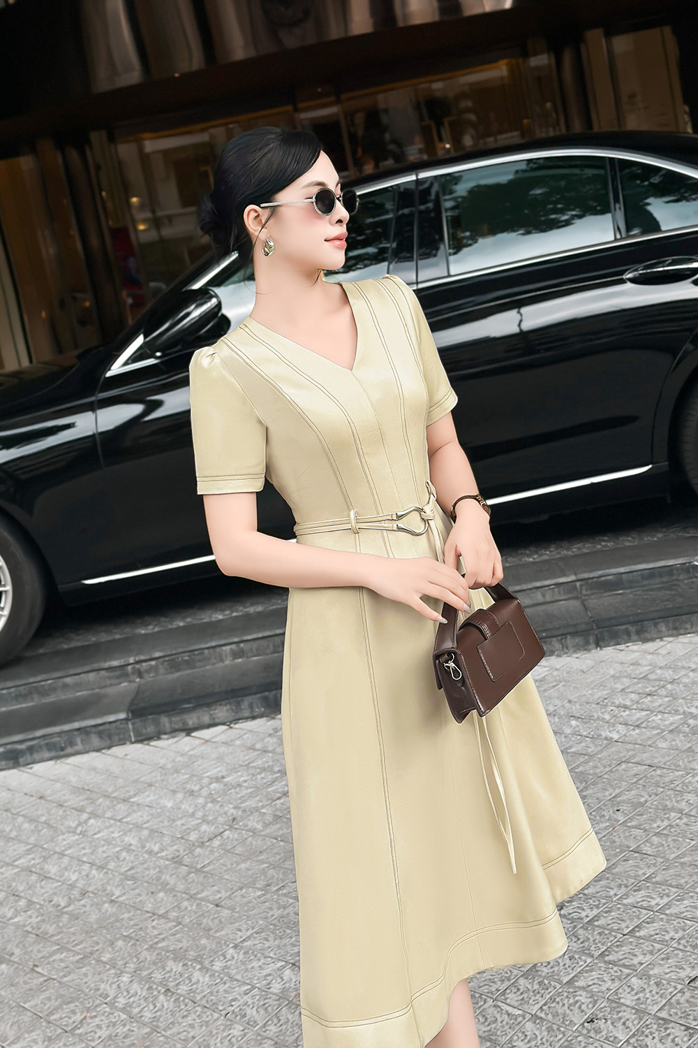 Đầm liền công sở dáng dài kèm đai eo