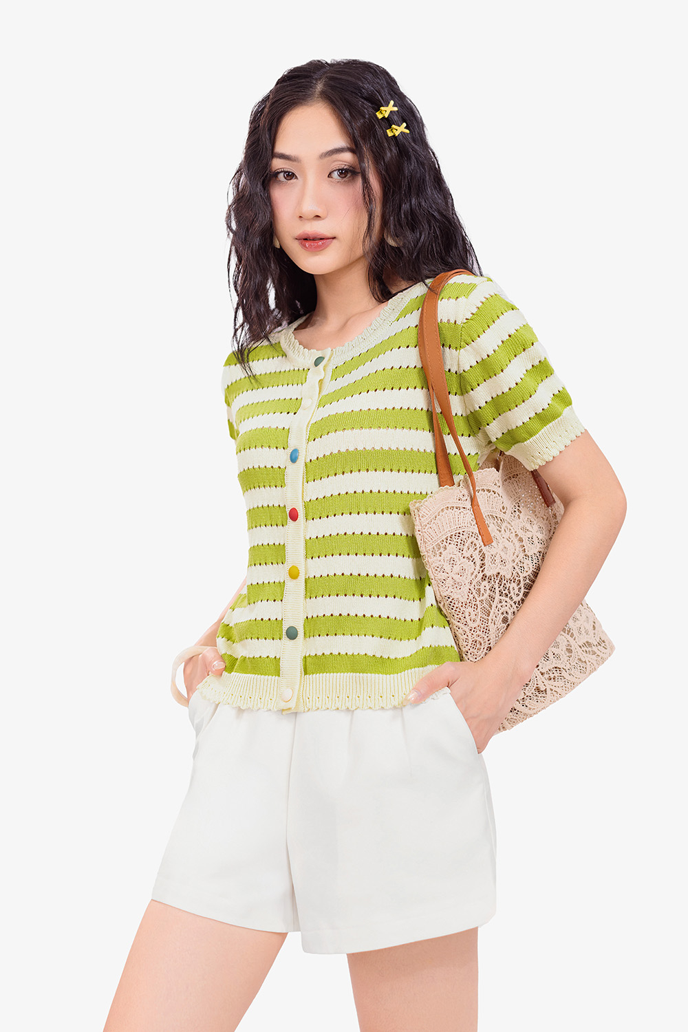 Áo len dệt kim nữ kẻ sọc xanh