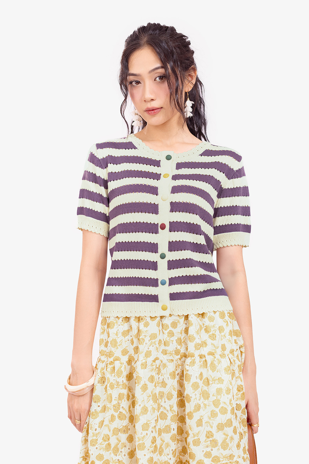 Áo len dệt kim sọc tím