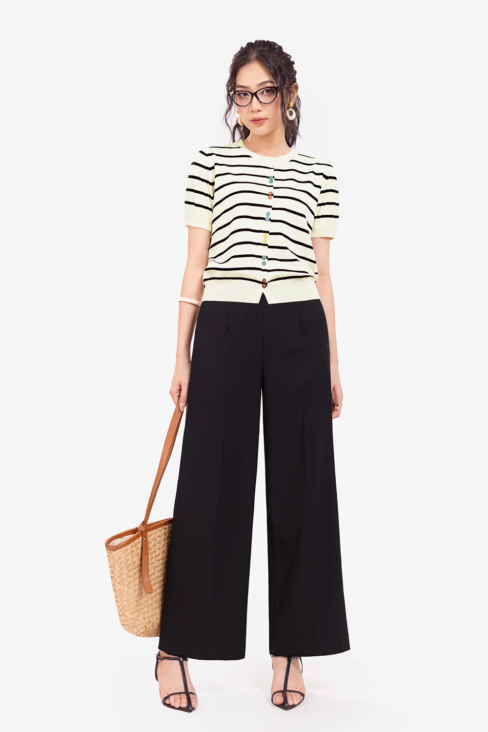 Áo len dệt kim kẻ sọc đen cúc nhiều màu