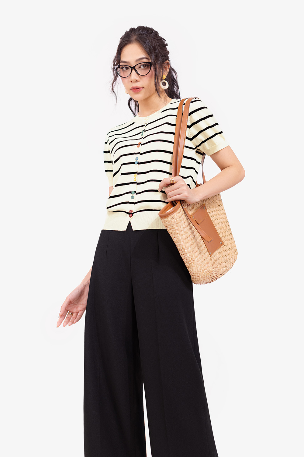 Áo len dệt kim kẻ sọc đen cúc nhiều màu