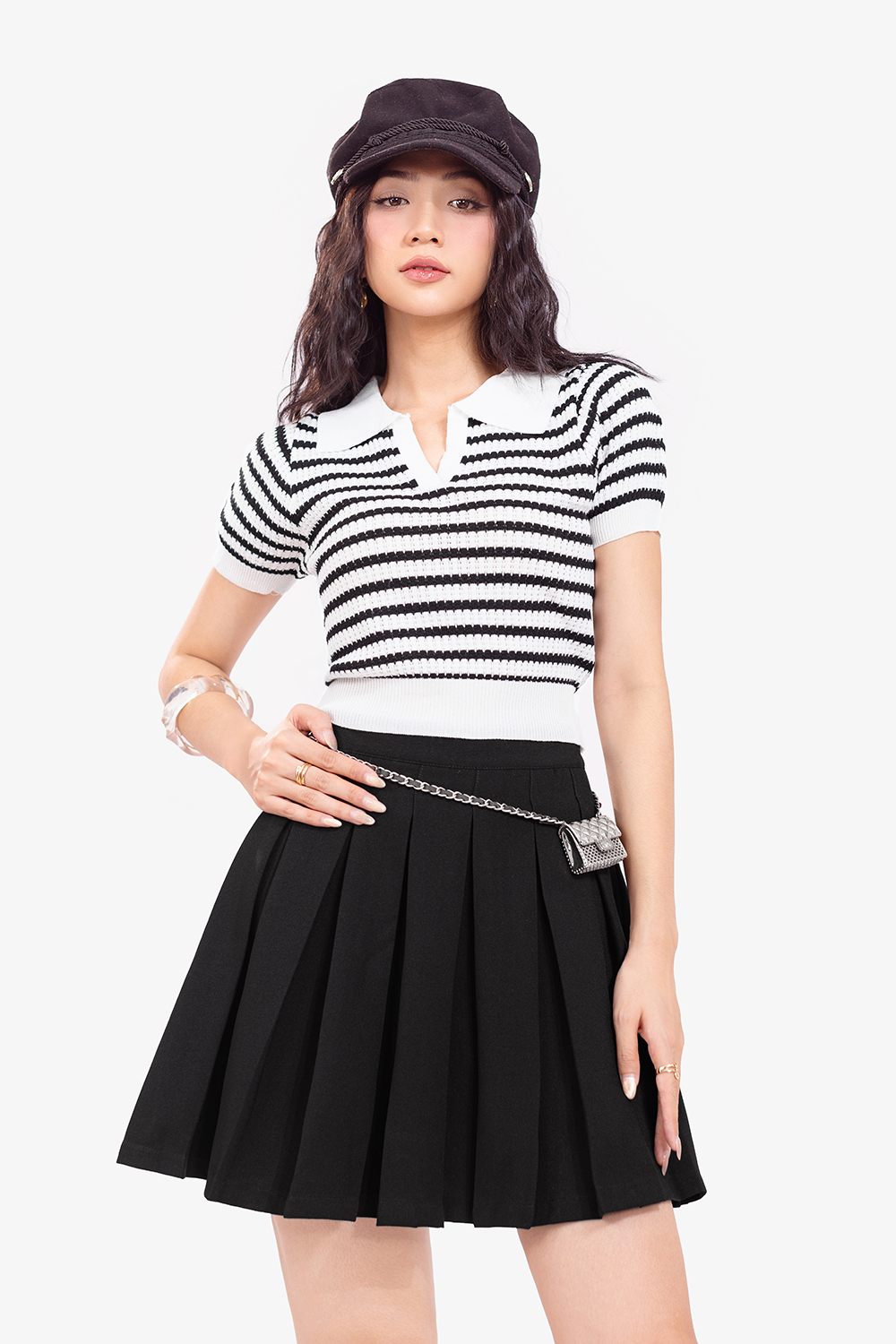 Áo len dệt kim nữ cổ polo kẻ sọc ngang