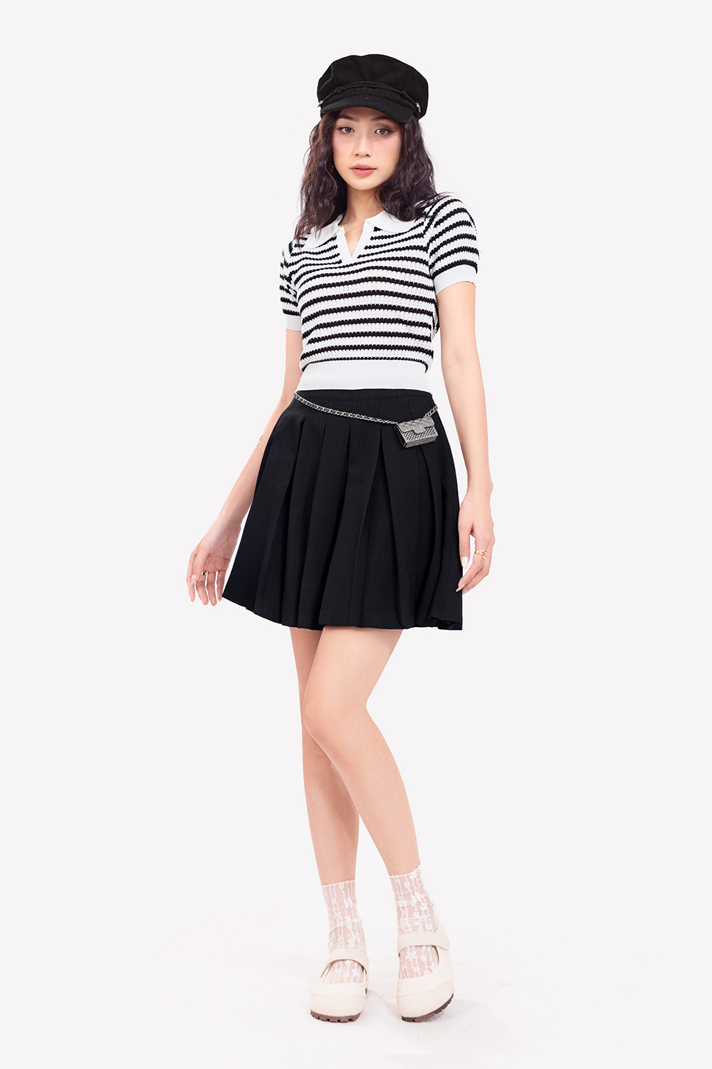 Áo len dệt kim nữ cổ polo kẻ sọc ngang