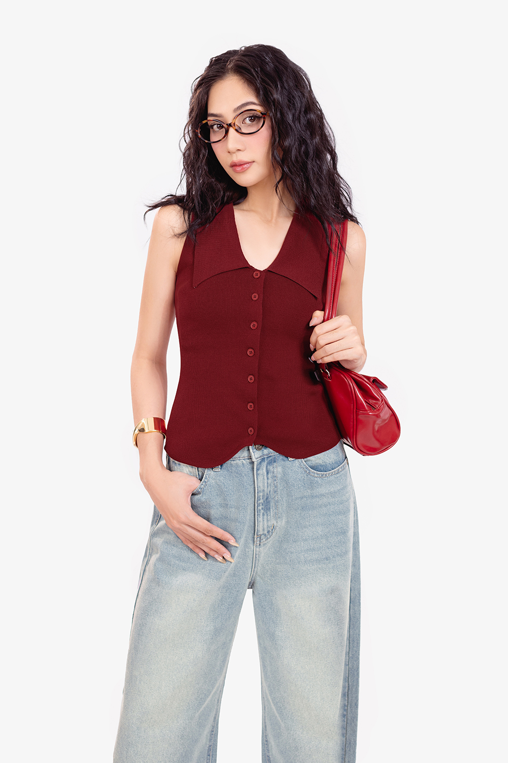 Áo len dệt kim dáng ôm màu đỏ