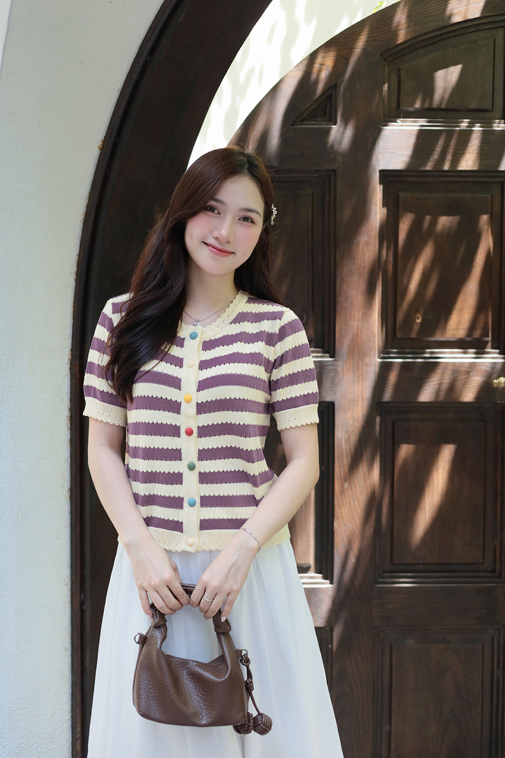 Áo len dệt kim sọc tím