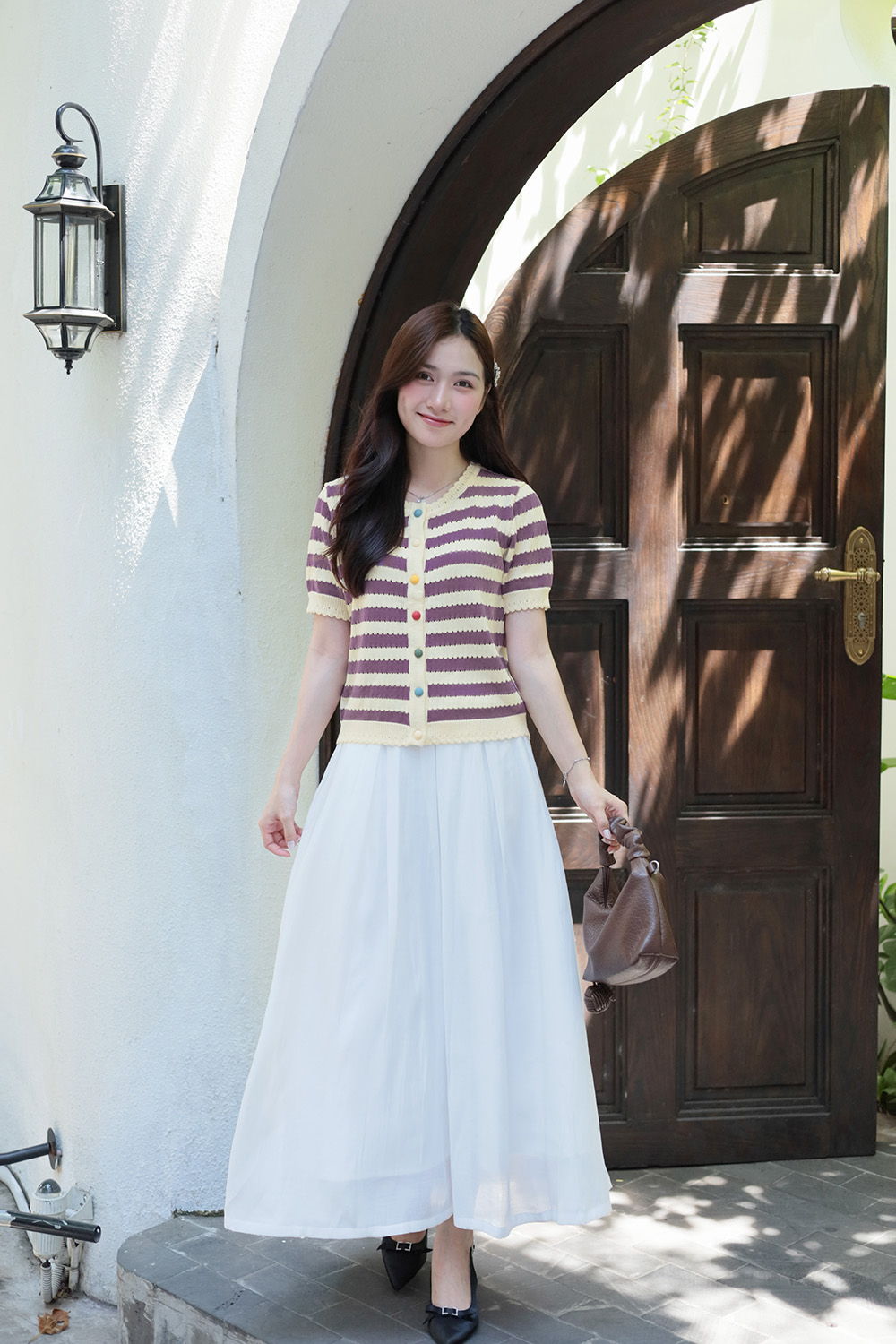 Áo len dệt kim sọc tím