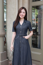 Đầm denim sơ mi dáng xòe viền chỉ