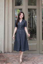 Đầm denim sơ mi dáng xòe viền chỉ