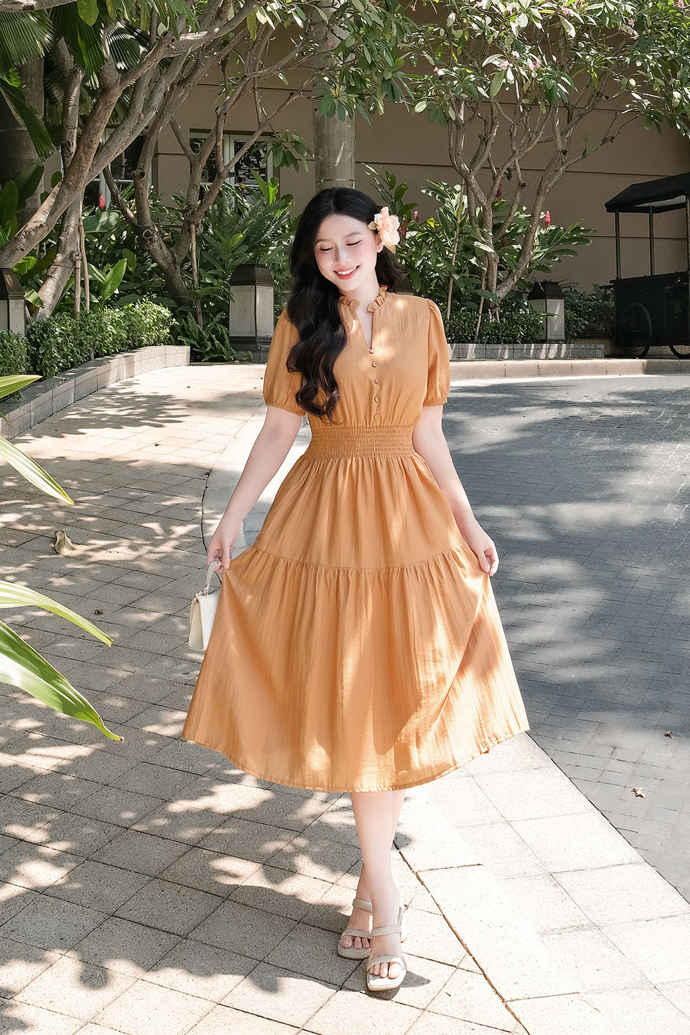 Đầm xòe dáng dài eo bo chun tay phồng