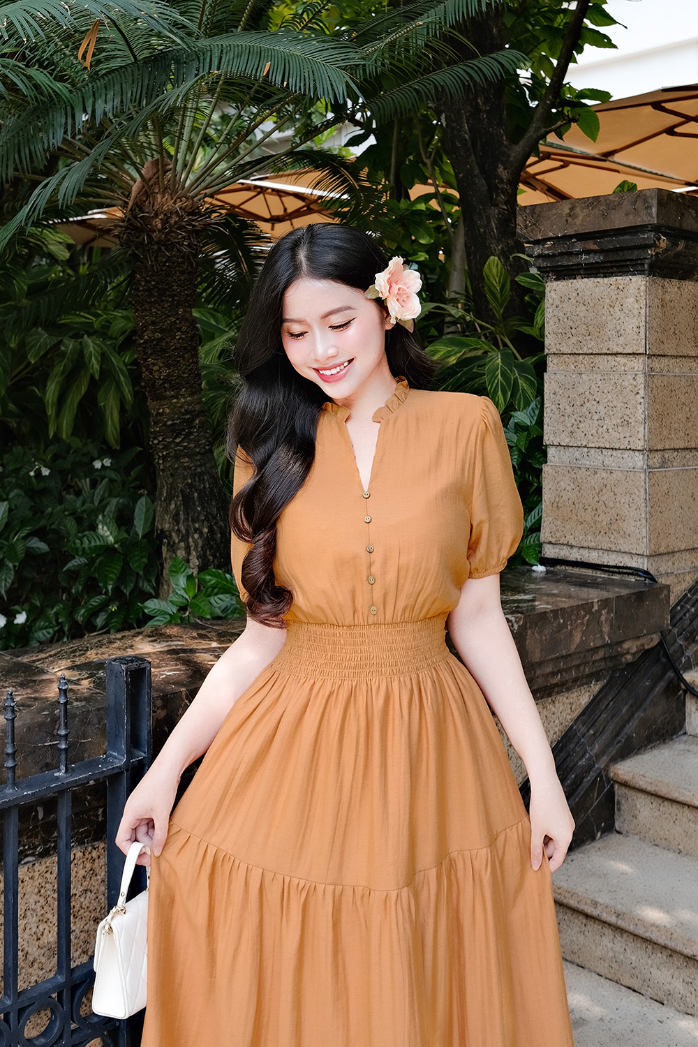 Đầm xòe dáng dài eo bo chun tay phồng