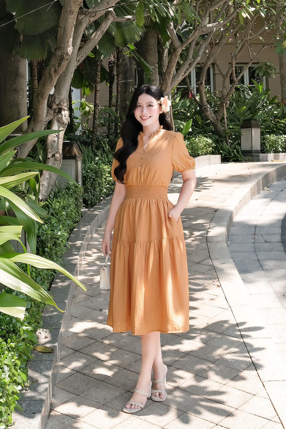 Đầm xòe dáng dài eo bo chun tay phồng