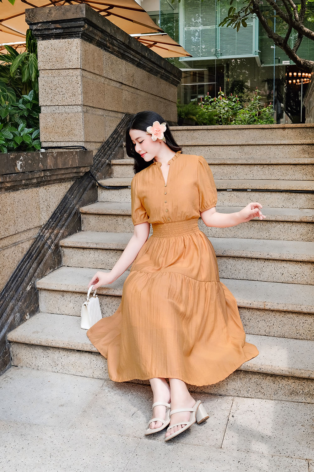 Đầm xòe dáng dài eo bo chun tay phồng