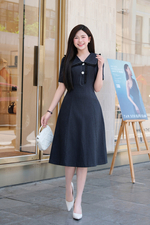 Đầm denim công sở dáng chữ A cổ sen