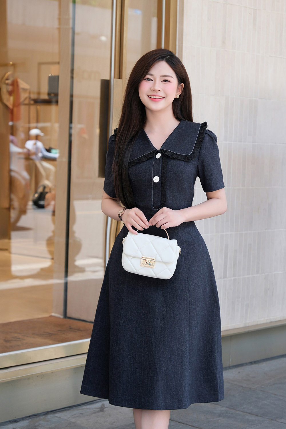 Đầm denim công sở dáng chữ A cổ sen