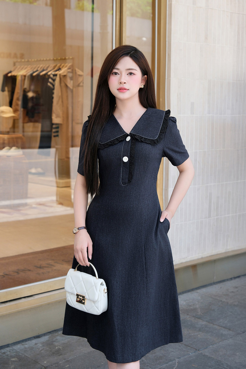 Đầm denim công sở dáng chữ A cổ sen