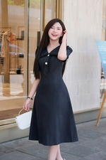 Đầm denim công sở dáng chữ A cổ sen