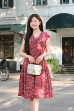 Đầm hoa dáng xòe cổ V eo bo chun