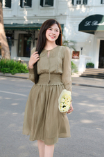 Đầm xòe tay dài eo bo chun
