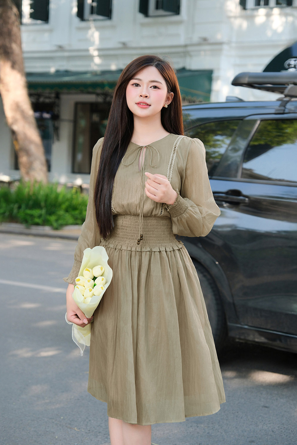 Đầm xòe tay dài eo bo chun