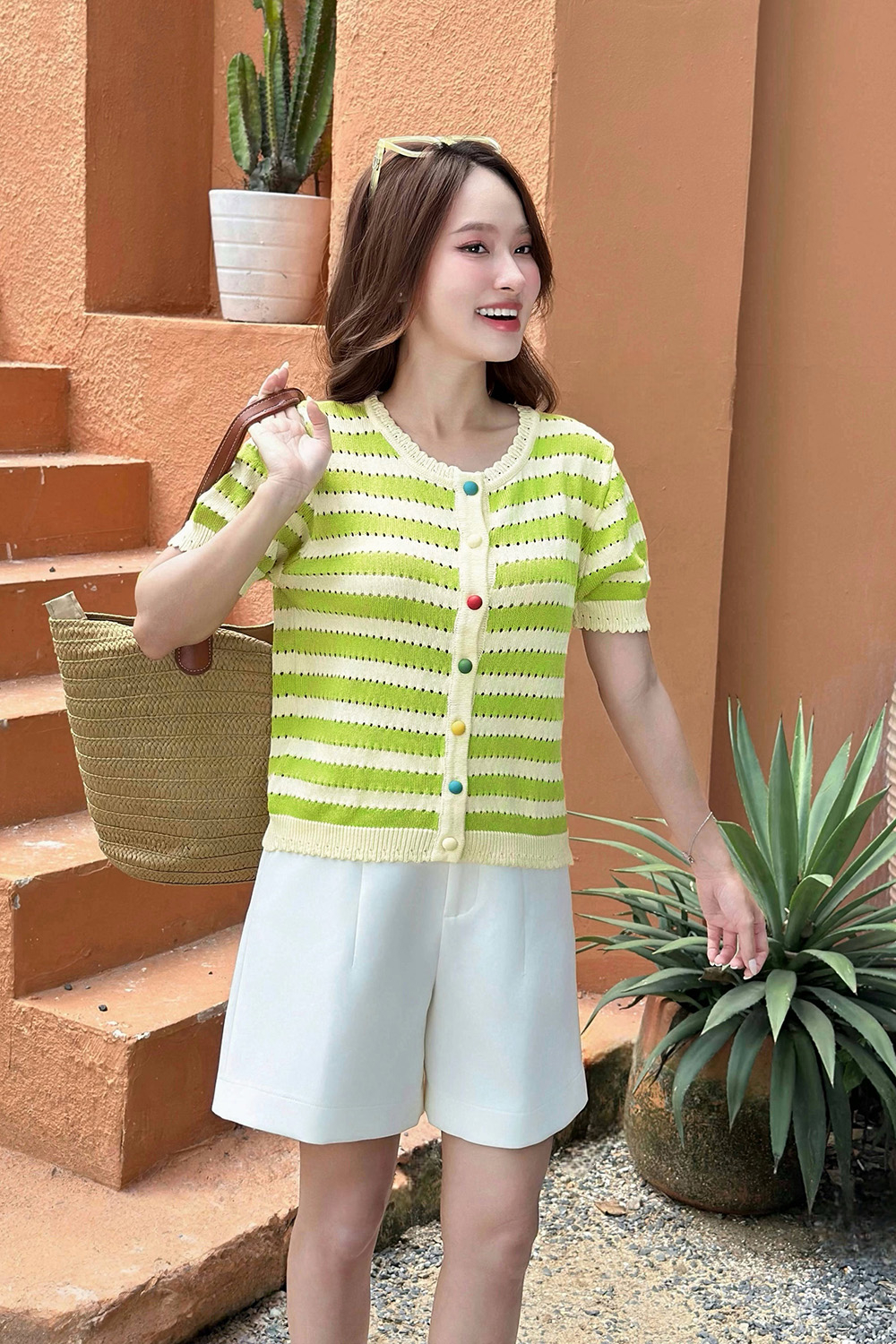 Áo len dệt kim nữ kẻ sọc xanh