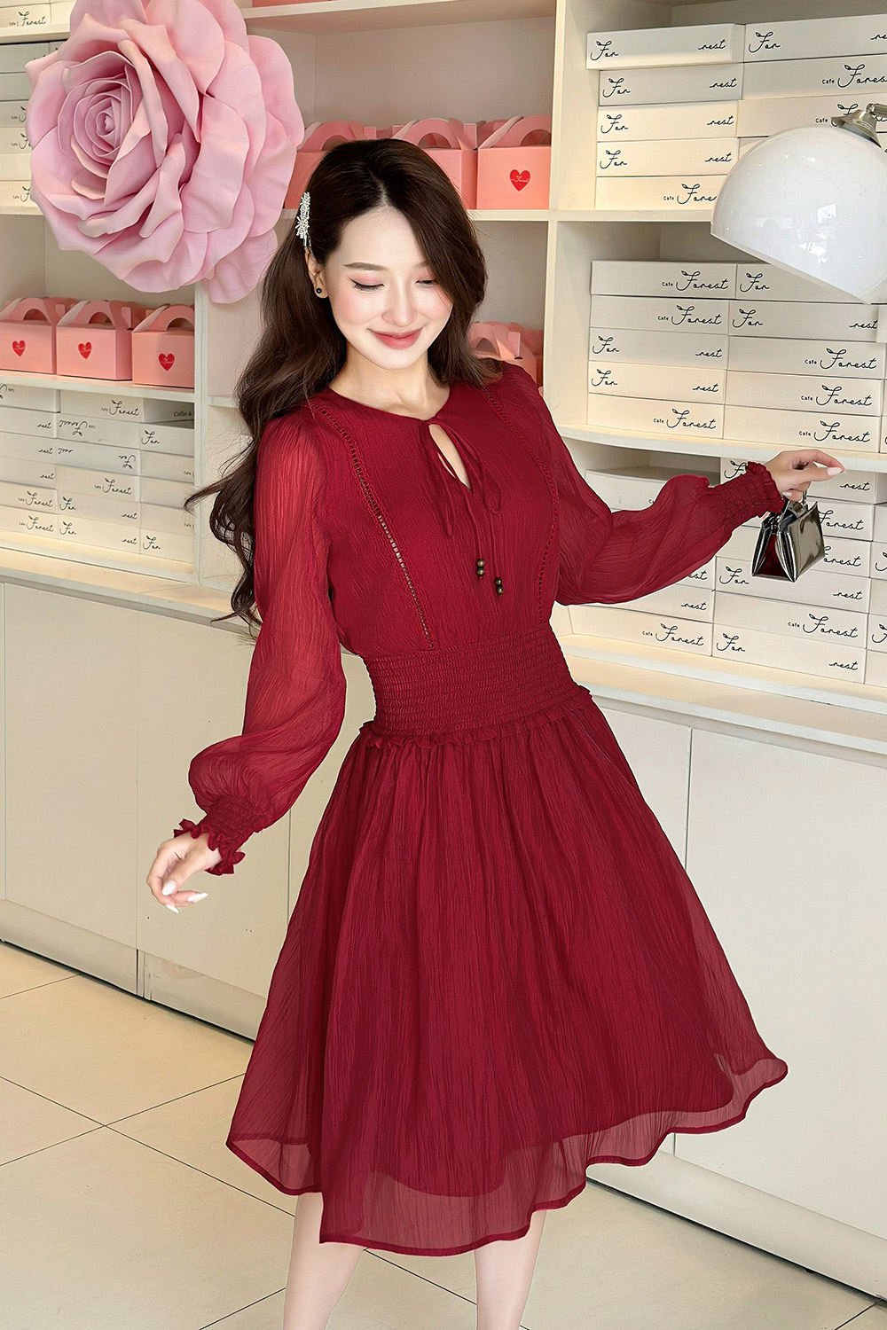 Đầm đỏ xòe tay dài eo bo chun co giãn