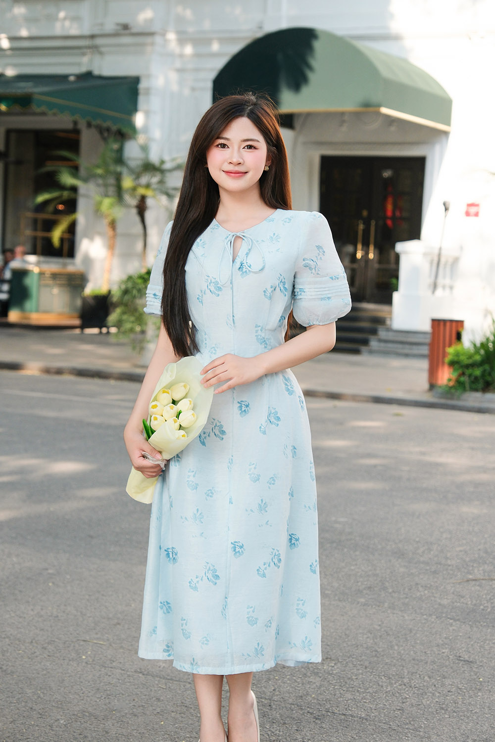 Đầm chữ A họa tiết hoa xanh tay phồng KK176-11