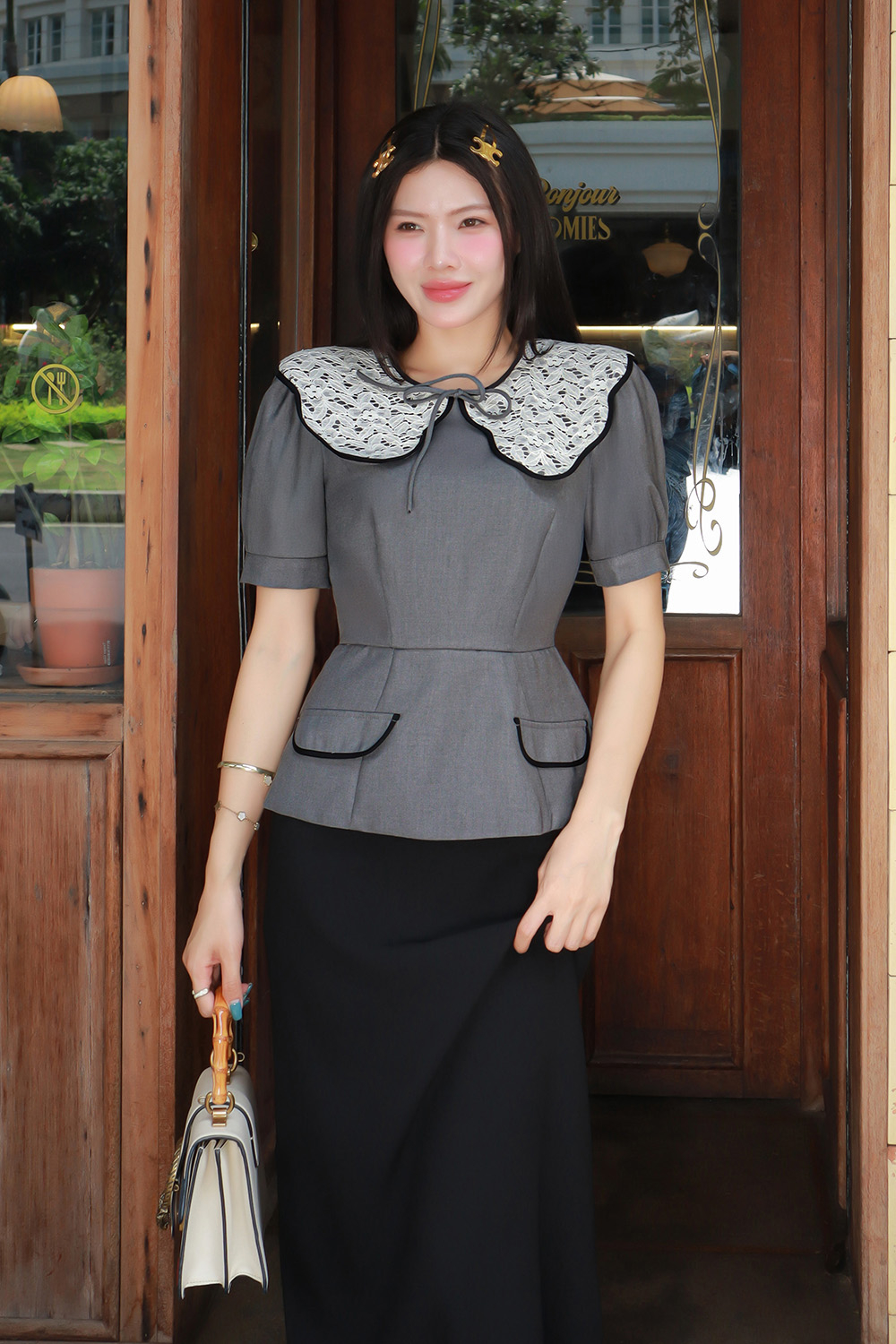 Áo peplum công sở nữ phối cổ ren trắng