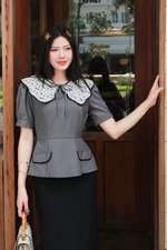 Áo peplum công sở nữ phối cổ ren trắng