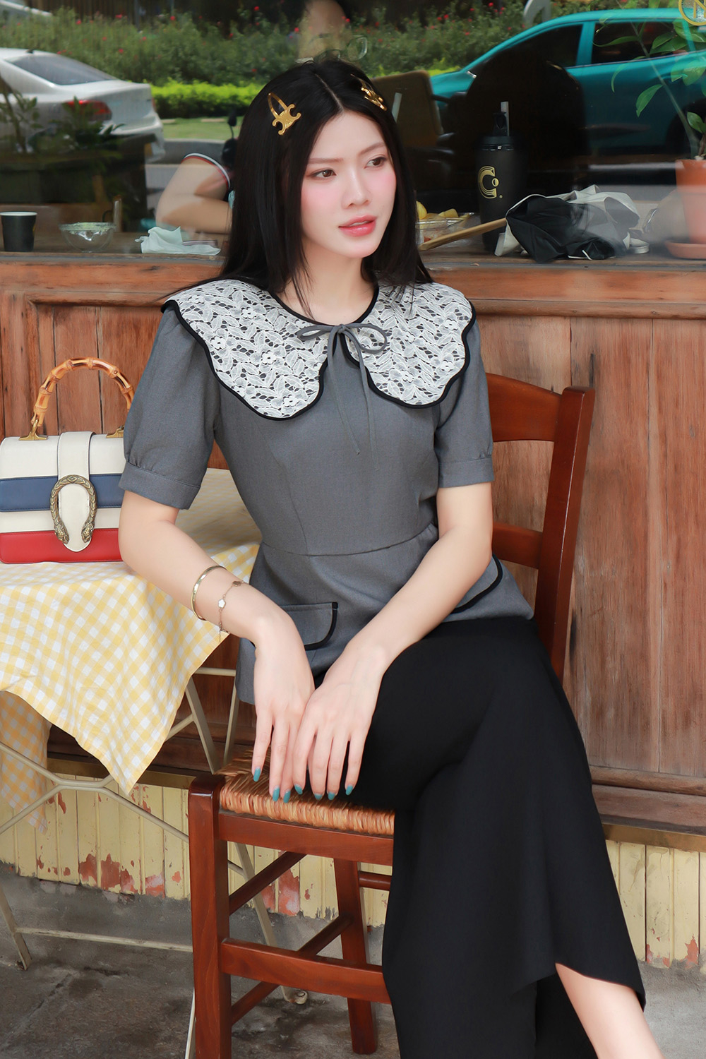 Áo peplum công sở nữ phối cổ ren trắng