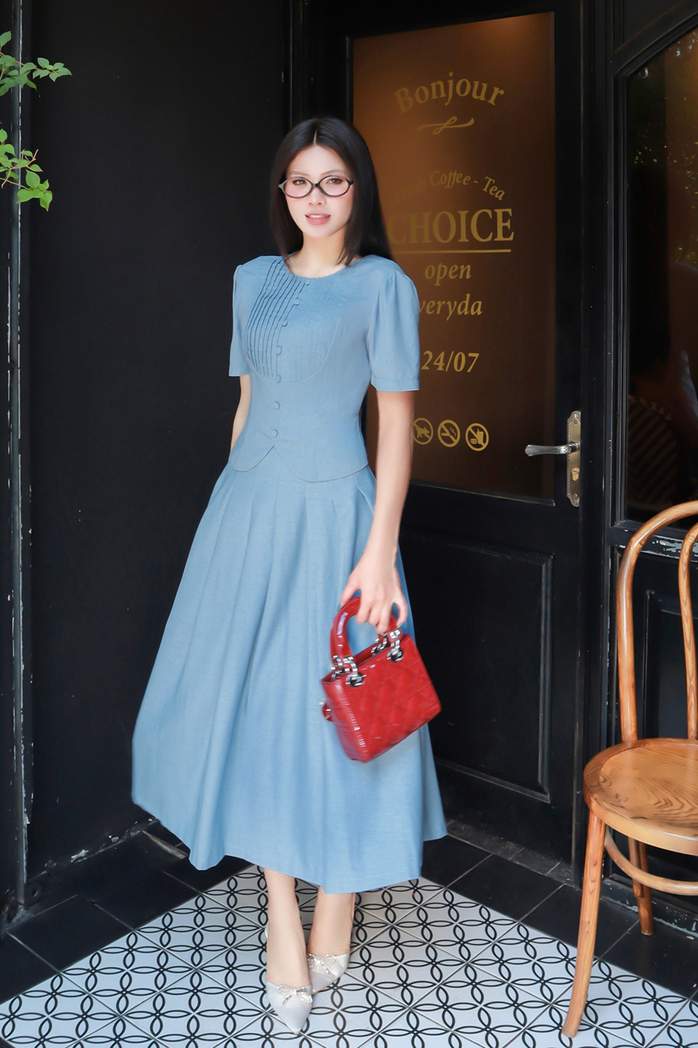 Chân váy linen dáng dài xếp ly màu xanh CV09-30