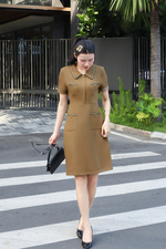 Đầm chữ A công sở màu nâu phối viền