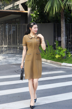 Đầm chữ A công sở màu nâu phối viền