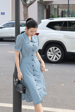 Đầm công sở chấm bi peplum dáng chữ A