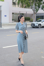 Đầm công sở chấm bi peplum dáng chữ A