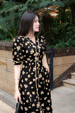 Đầm đen hoa dáng chữ A linen thun