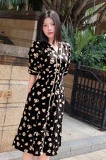 Đầm đen hoa dáng chữ A linen thun