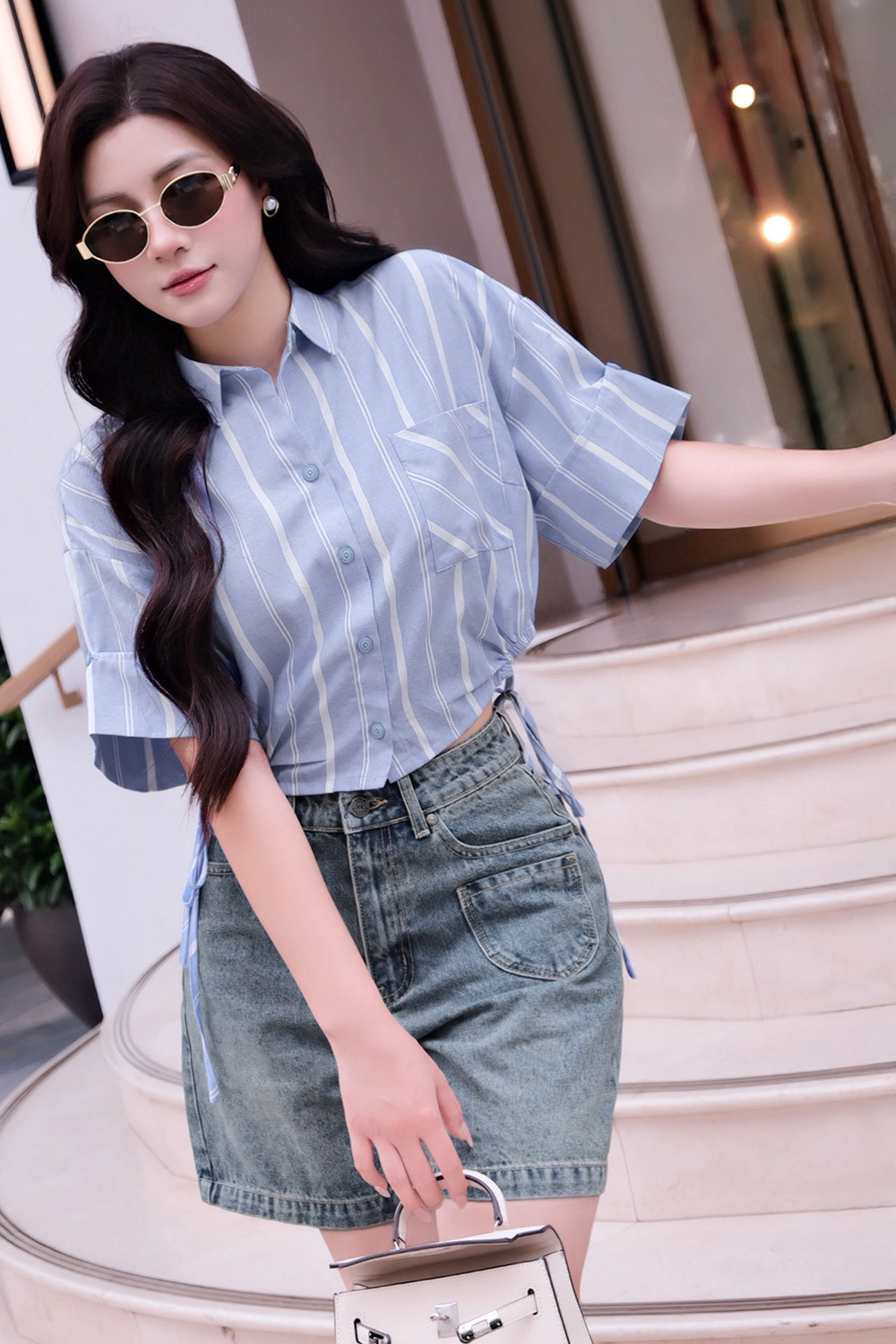 Quần đùi jeans ống rộng phối túi